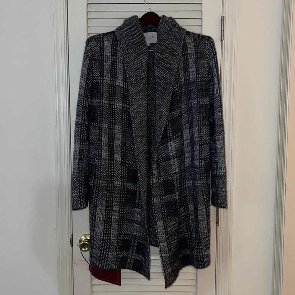 Hooded Plaid sweater coat with 2 pockets . Fuller size Large .